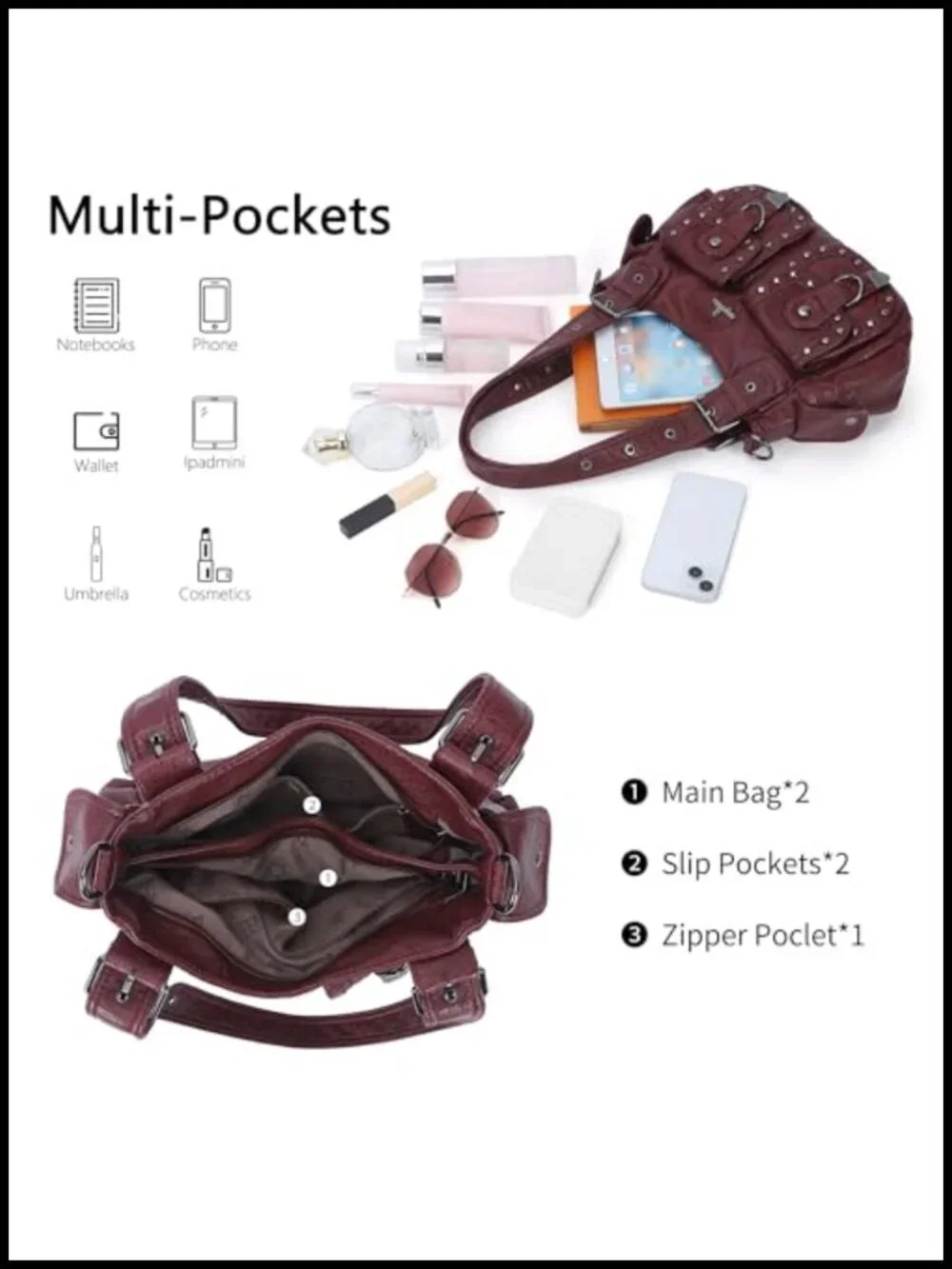 Vegan Leather Hobo Bag Multi Pocket Studded Shoulder Tote